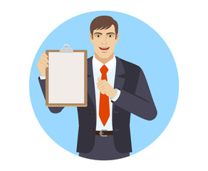 Self-promotion. Businessman holding the clipboard and pointing at himself