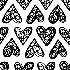 Hand drawn seamless pattern with hearts isolated on white.