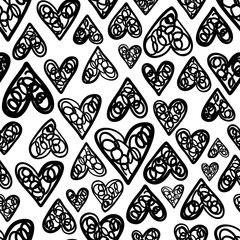 Hand drawn seamless pattern with hearts isolated on white.