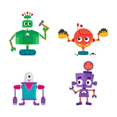 Afwasbaar behang Robot vector platte cartoon grappige reparatie robots set. Leuke humanoïde mannelijke karakters met moersleutel, hummer pollepel - armen en wiel, rupsband - benen glimlachen. Geïsoleerde illustratie op een witte achtergrond.