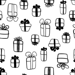 Hand drawn abstract seamless pattern with gift boxes isolated on white.
