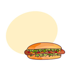 Vector sausage hot dog with salad and vegetables. Fast food flat cartoon isolated illustration on a white background. fresh sandwich with sauce and salad with speech bubble