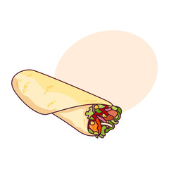 Vector chicken, vegetables roll, fast food meal. Doner gebab, shawarma flat cartoon illustration isolated on a white background with speech bubble