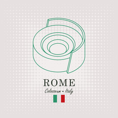 Vector schematic drawing of the coliseum in Rome with the inscription and the italian flag on abstract background