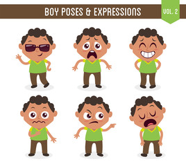 Character design set of a cute black boy in different poses. Cartoon style illustration, isolated on white background. Body gestures and facial expressions. Vector illustration. Set 2 of 8.