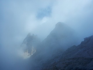 mountaineering on Tofana ridge in dolomites