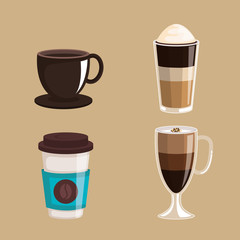 set of coffee cups elements aroma fresh drink vector illustration