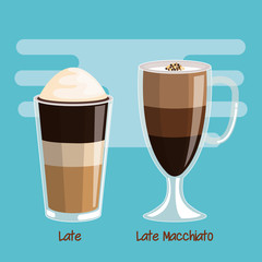 coffee latte and latte macchiato beverage in glass cup vector illustration
