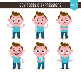 Character design set of a cute white boy in different poses. Cartoon style illustration, isolated on white background. Body gestures and facial expressions. Vector illustration. Set 3 of 8.