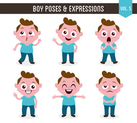 Character design set of a cute white boy in different poses. Cartoon style illustration, isolated on white background. Body gestures and facial expressions. Vector illustration. Set 5 of 8.