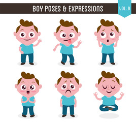 Character design set of a cute white boy in different poses. Cartoon style illustration, isolated on white background. Body gestures and facial expressions. Vector illustration. Set 8 of 8.