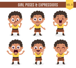 Character design set of a cute black girl in different poses. Cartoon style illustration, isolated on white background. Body gestures and facial expressions. Vector illustration. Set 6 of 8.