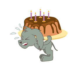 gray dog carries a heavy chocolate cake. vector illustration