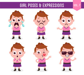 Character design set of a cute white girl in different poses. Cartoon style illustration, isolated on white background. Body gestures and facial expressions. Vector illustration. Set  7 of 8.