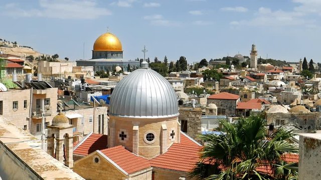 Jerusalem panoramic aerial roof view. Jerusalem is most sacred place for religious people christians muslims and jews. Jerusalem is the center of holy land and popular touristic place.