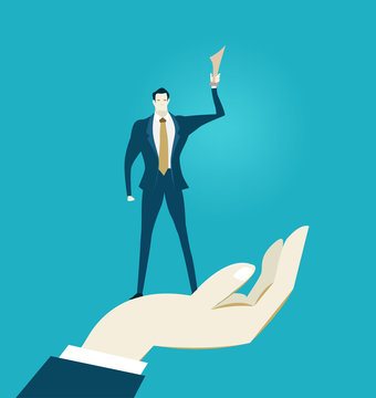 Human hands holding businessmen with golden trophy representing control, support and coordination. Concept illustration 