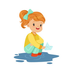 Sweet little girl playing with paper boat in a water puddle cartoon vector Illustration
