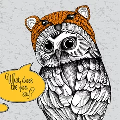 Fotobehang Owl in a fox muzzle hat. Vector illustration. © Afishka