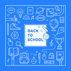 Back to school poster or invitation design in trendy linear style. Set of different school supplies. Vector illustration.