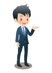 紹介するスーツ姿の若い男性ビジネスマン