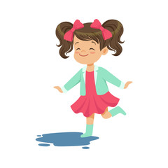 Sweet little girl jumping and splashing through the puddle wearing rubber boots cartoon vector Illustration