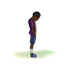 Dark skinned child, boy, teen, teenager standing frustrated. Vector outlined illustration. Colored image, white background.