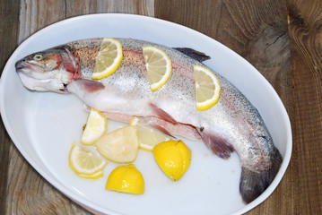 Forelle mit Zitrone in einer Porzellan Schüssel