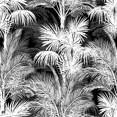 Naklejka premium Seamless monochrome tropical pattern of palm trees. Black and white background for a Hawaiian shirt.