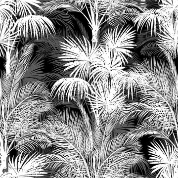 Seamless monochrome tropical pattern of palm trees. Black and white background for a Hawaiian shirt.