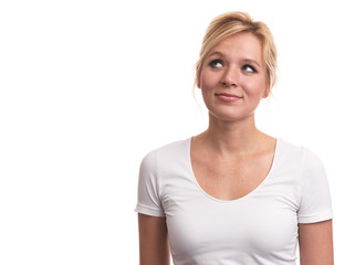 Fototapeta premium Cute young blonde girl with freckles looking up
