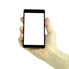Closeup photo of a male hand holding a black cell phone with a blank white display