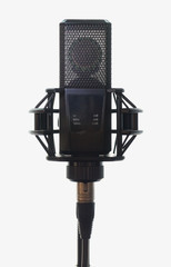 Professional studio microphone on stand, white background, front view