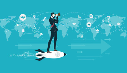 Businessmen flying on the rocket and looking in the binoculars agains of World map and many icons at the background. Concept illustration  © IRStone