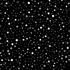 White polka dots seamless pattern on black background. Uncommon classic white polka dots textile pattern in restrained colours. Seamless scattered confetti fall chaotic decor. Vector illustration.