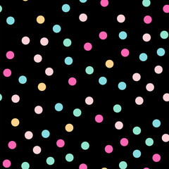 Colorful polka dots seamless pattern on black 3 background. Glamorous classic colorful polka dots textile pattern. Seamless scattered confetti fall chaotic decor. Abstract vector illustration.