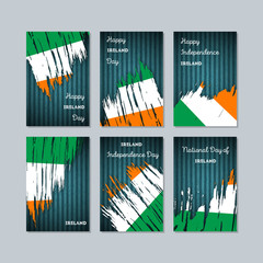 Ireland Patriotic Cards for National Day. Expressive Brush Stroke in National Flag Colors on dark striped background. Ireland Patriotic Vector Greeting Card.