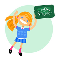 girl schoolgirl with a sign back to school. Vector illustration of a flat design, element, congratulation cards, banners and flyers.