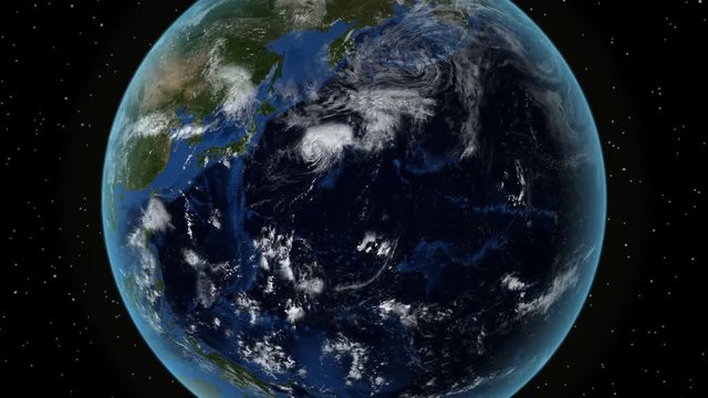 Japan. 3D Earth in space - zoom in on Japan outlined. Star sky background