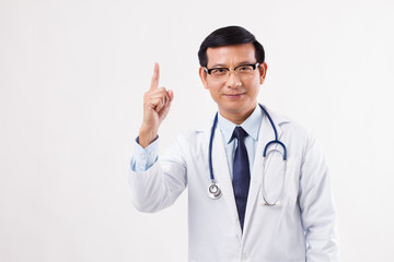 confident asian male doctor pointing up 1 finger