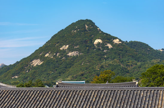 Green landscapes around Seoul with detail of traditional Korean architecture