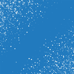 Random falling white dots. Abstract chaotic scatter with random falling white dots on blue background. Vector illustration.