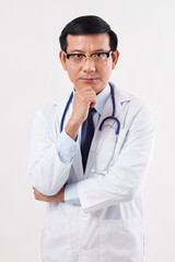 thoughtful doctor thinking, planning studio isolated