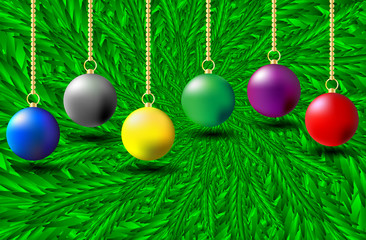 Colorful Christmas balls on green needles - vector pattern, Christmas decorations and green spruce branches, 