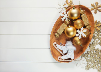 christmas white skates gold red toys balls and stars new year background decorations