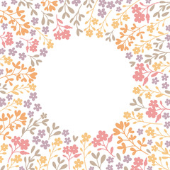 Floral round frame of flowers on white background. Vector illust