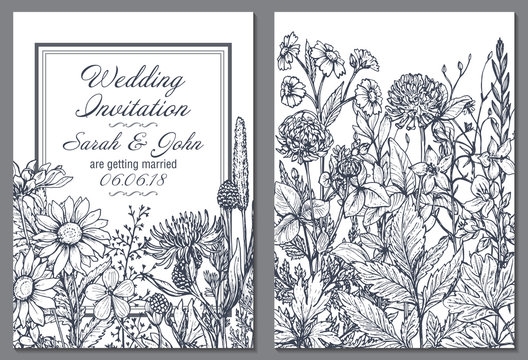 Floral backgrounds with hand drawn herbs and wildflowers.