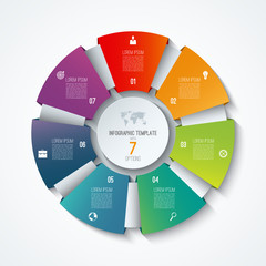 Circle infographic template. Process wheel. Vector pie chart. Business concept with 7 options, parts, steps. Can be used for diagram, graph, chart, step by step infographics, web design