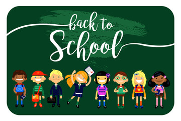 back to school, Set of characters elementary schoolchild, school students on a white background. Schoolboys and schoolgirls of different nationalities. Vector illustration of a flat design
