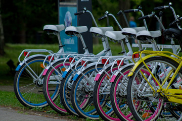 Fototapeta na wymiar Citybikes lined up next to each other
