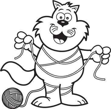 recommend clip art: Black and white illustration of a cat tangled in yarn.